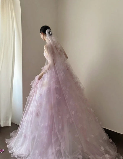 Charming Ball Gown Lialc Strapless Pleated Tulle Floral Prom Dresses Evening Gala Gown Quinceanera Dress       D4717