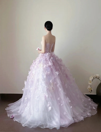 Charming Ball Gown Lialc Strapless Pleated Tulle Floral Prom Dresses Evening Gala Gown Quinceanera Dress       D4717