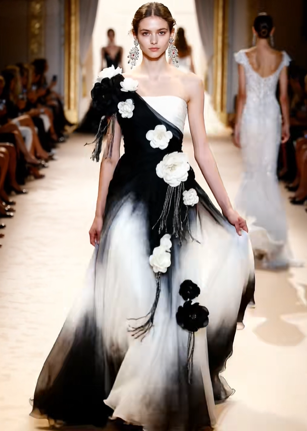 Unique Black-White Ombre A Line One Shoulder Floral Chiffon Long Prom Dress SH5087