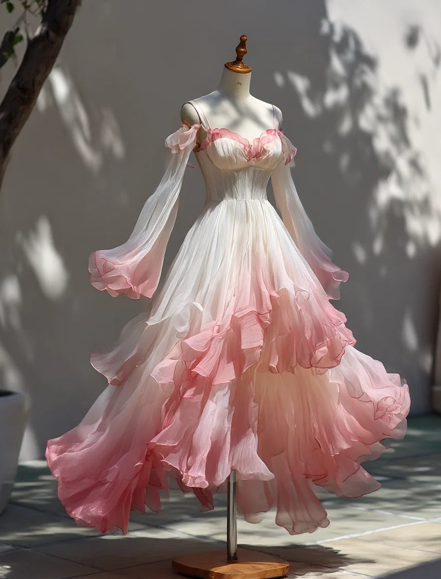 A Line Prom Dress Ombre Spaghetti Straps Pleated Ruffle Formal Dresses Evening Dress Gala Gown D4732