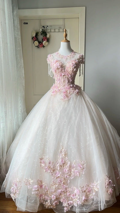 Gorgeous Ball Gown Crew Neck Pleated Tulle Prom Dresses Evening Gala Gown Quinceanera Dress       D4738