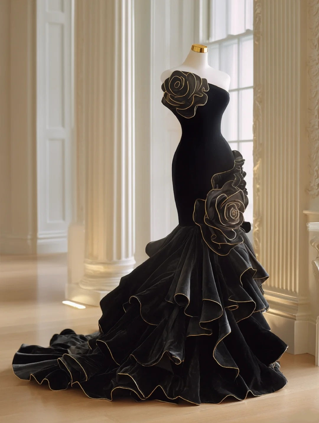 Elegant Prom Dress Black Strapless Ruffle Mermaid Formal Dresses Evening Dress Gala Gown  D4745