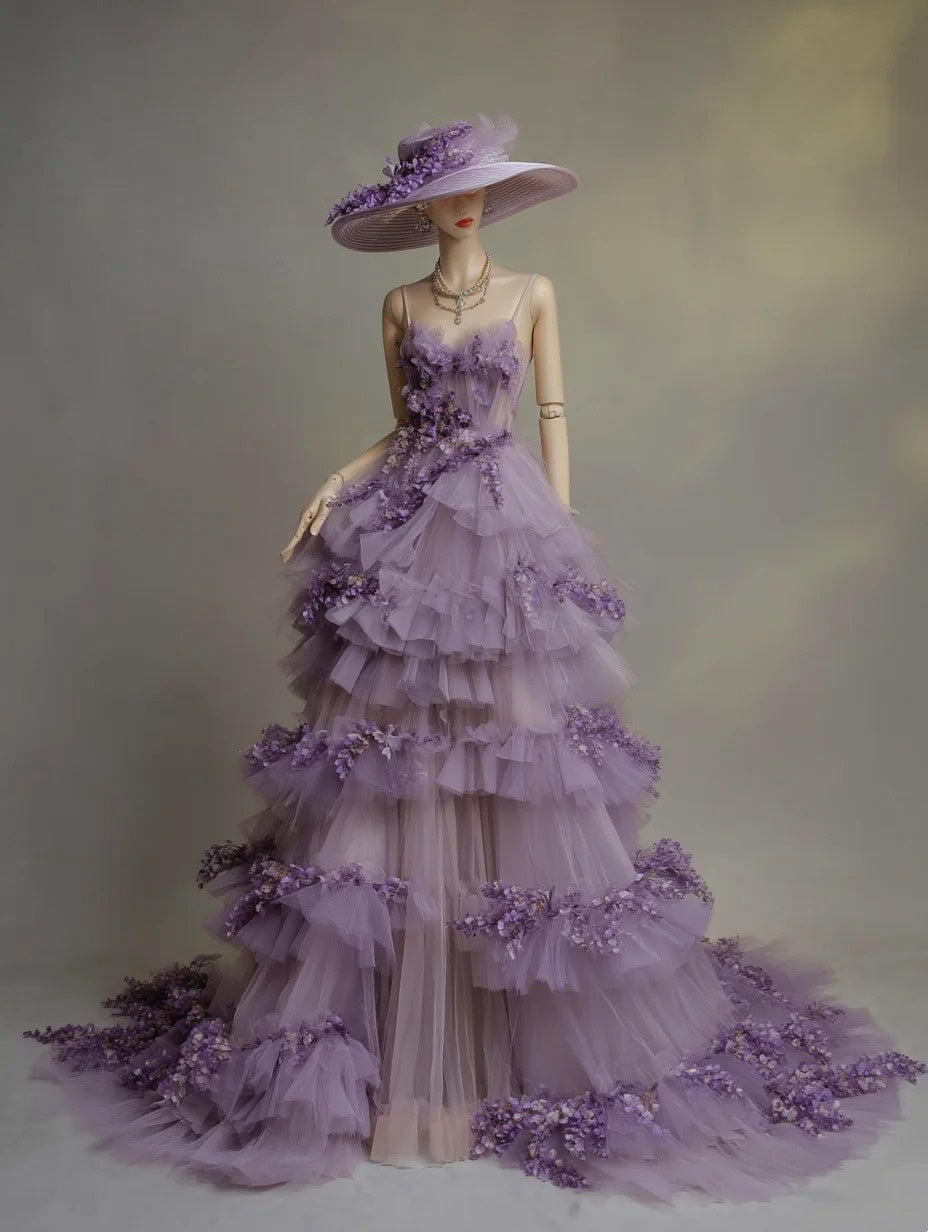 A Line Prom Dress Spaghetti Straps Tulle Tiered Birthday Party Outfits Evening Dress Gala Gown  D4761