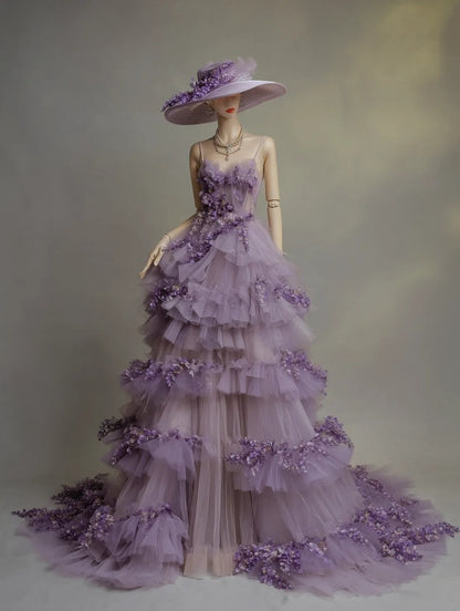 A Line Prom Dress Spaghetti Straps Tulle Tiered Birthday Party Outfits Evening Dress Gala Gown  D4761