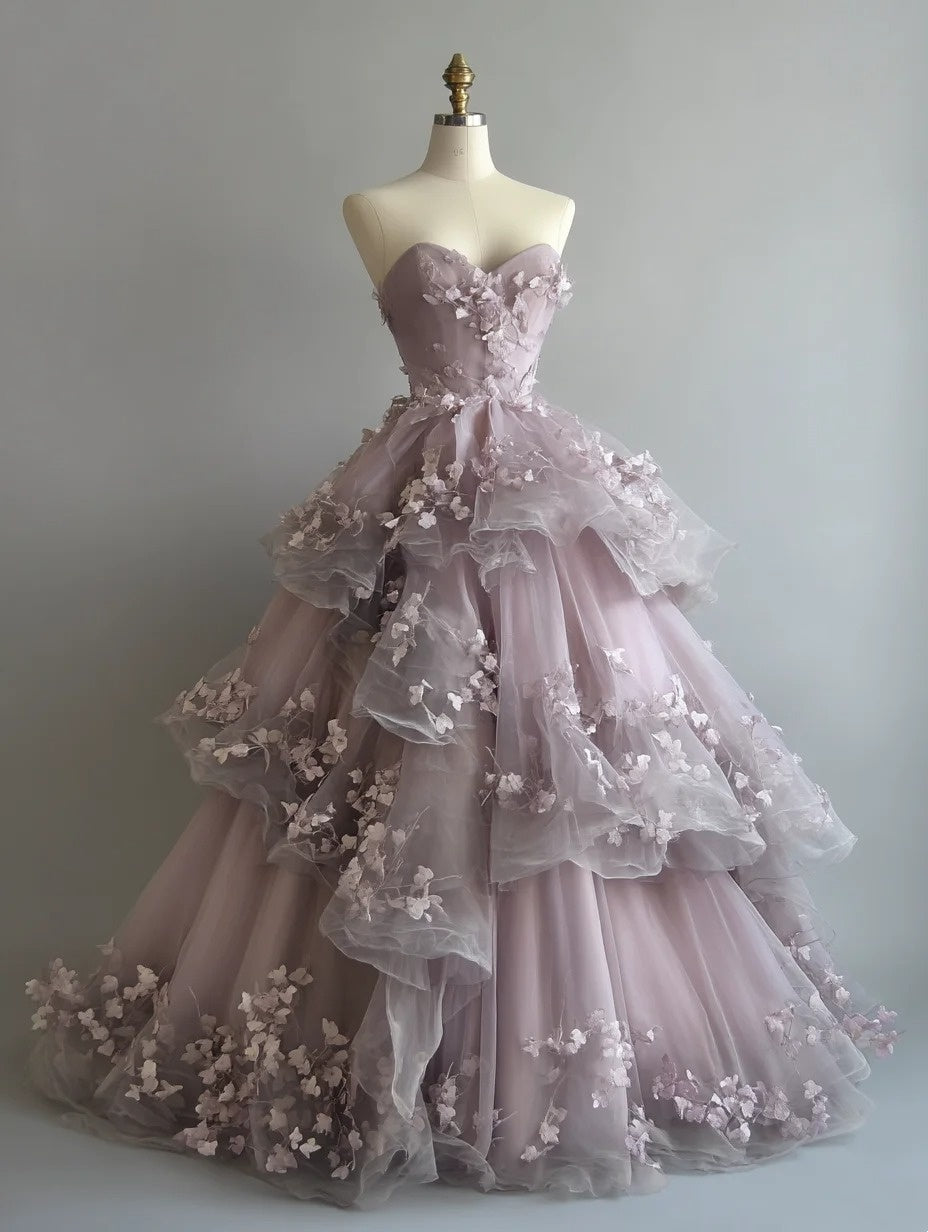 New Arrival Ball Gown Sweetheart Tulle Tiered Floral Prom Dresses Evening Gala Gown Quinceanera Dress       D4762