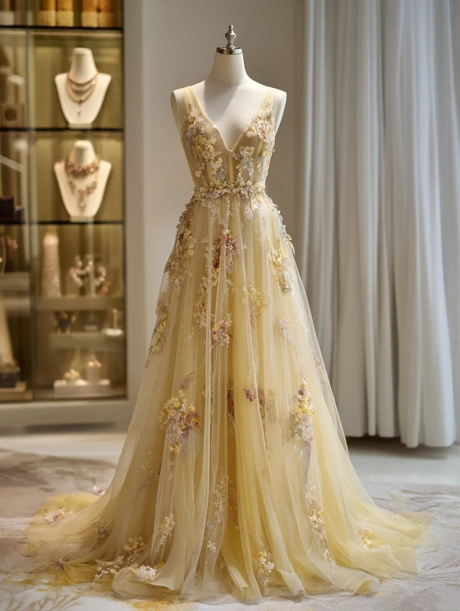 A Line Prom Dress V-neck Tulle Pleated Birthday Party Outfits Evening Dress Gala Gown  D4763