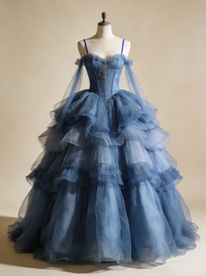 New Arrial Ball Gown Blue Spaghetti Straps Pleated Tulle Prom Dresses Quinceanera Dress Evening Gala Gown      D4793