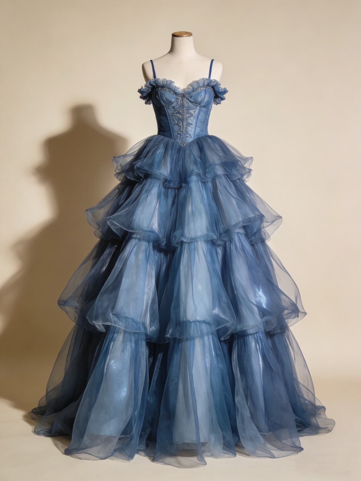 Navy Blue Ball Gown Spaghetti Straps Pleated Tulle Prom Dresses Quinceanera Dress Evening Gala Gown      D4794