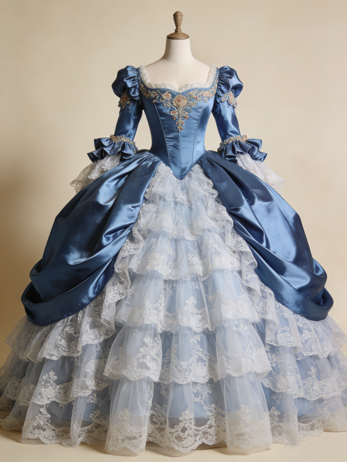 Vintage Ball Gown Blue Square Neck Lace Tiered Prom Dresses Quinceanera Dress Evening Gala Gown      D4798