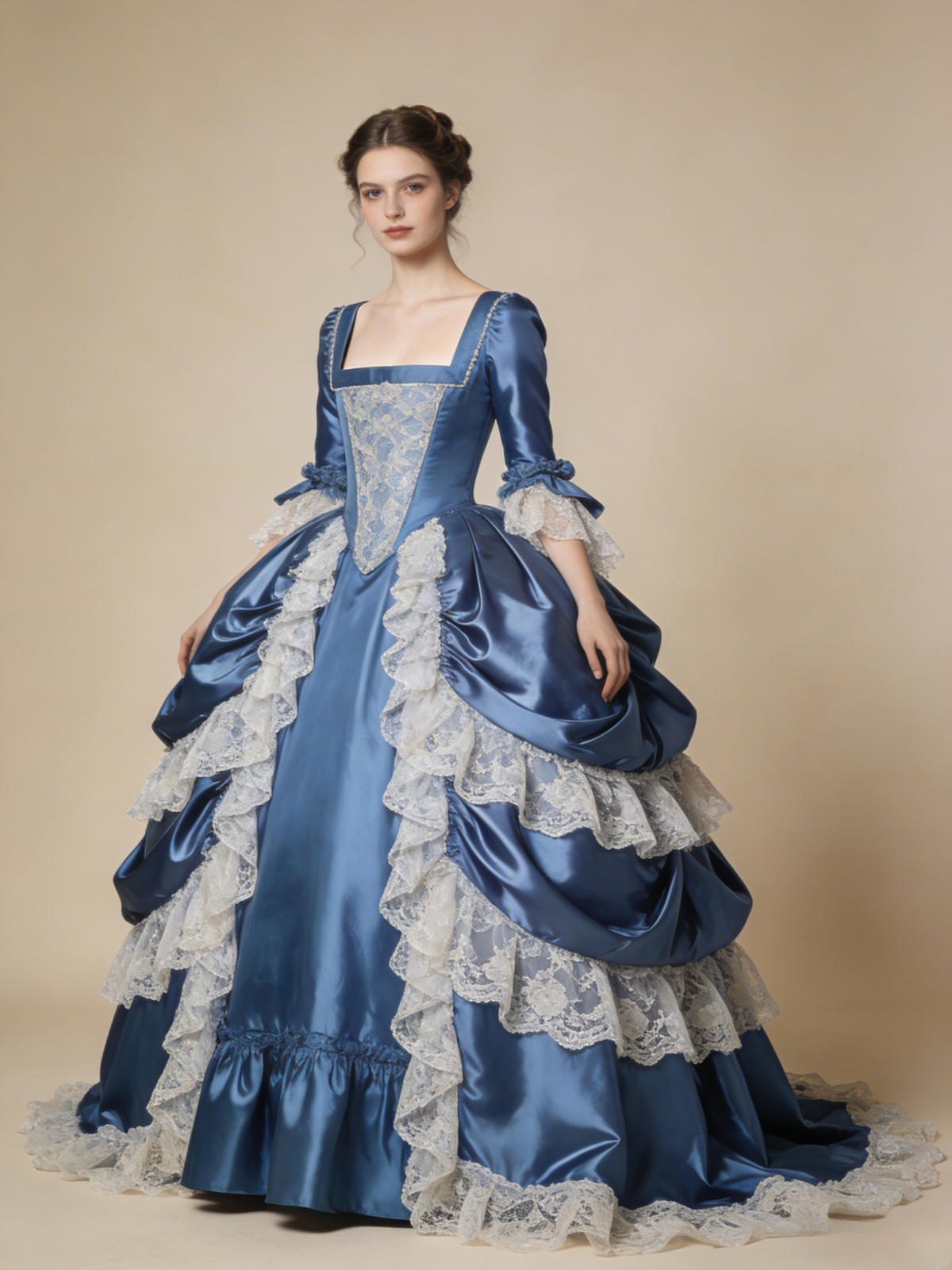 Beauty Ball Gown Blue Square Neck Lace Pleated Prom Dresses Sweet 16 Dress Evening Gala Gown      D4799