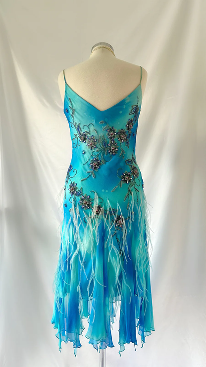 Vintage Blue Spaghetti Straps Sheath Beading Long Evening Party Dress, D773