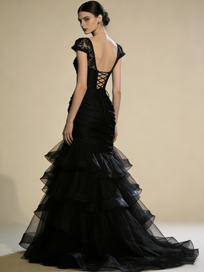 Black Prom Dress Boat Neck Pleated Mermaid Gala Gown Birthday Party Outfits Evening Dress  D4801