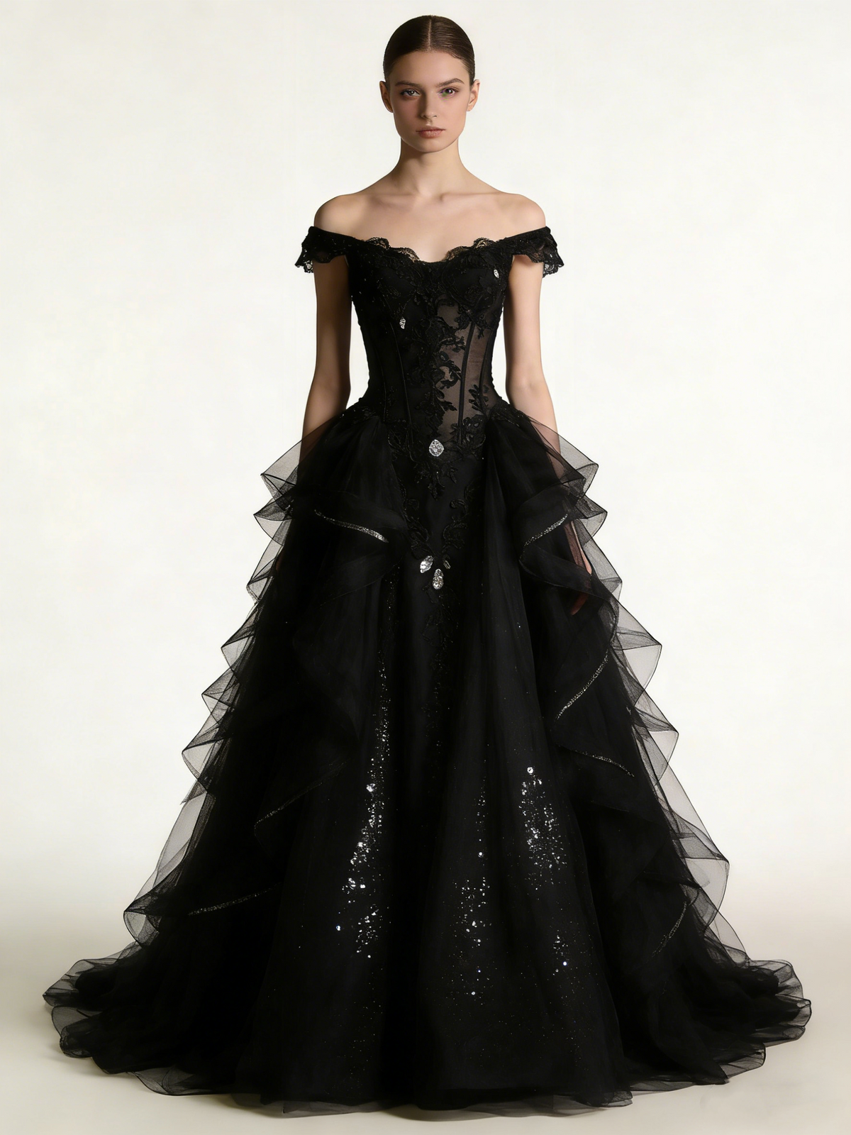 Beauty Prom Dress Black Off Shoulder Pleated Tulle Gala Gown Birthday Party Outfits Evening Dress  D4802