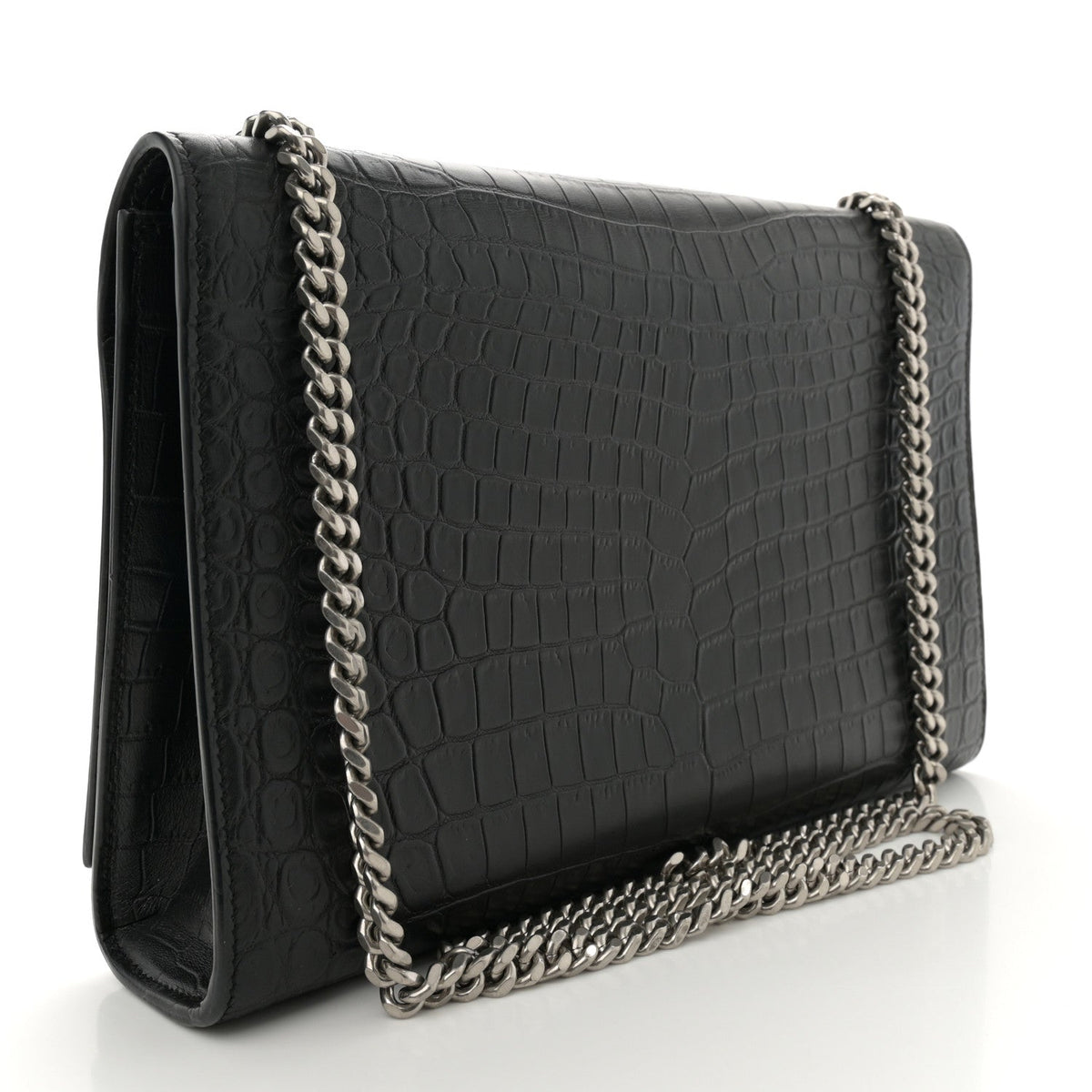 Calfskin Crocodile Embossed Large Classic Monogram Kate Satchel Black