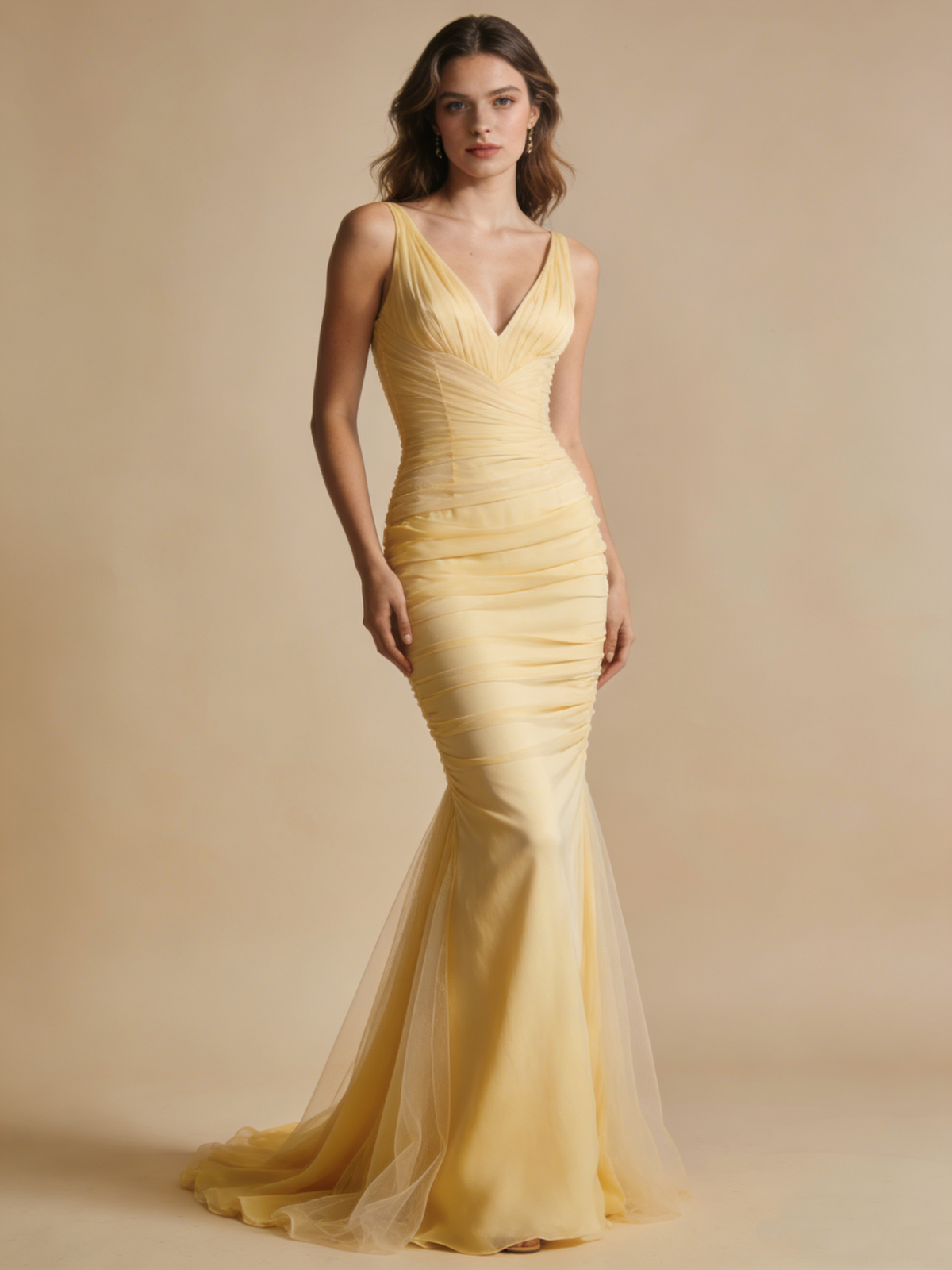 Light Yellow Prom Dress V-neck Tulle Mermaid Gala Dress Birthday Party Outfits Evening Gown  D4822