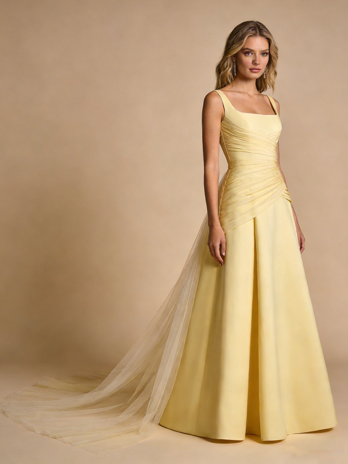 A Line Prom Dress Light Yellow Square Neck Pleated Gala Dress Birthday Party Outfits Evening Gown  D4824