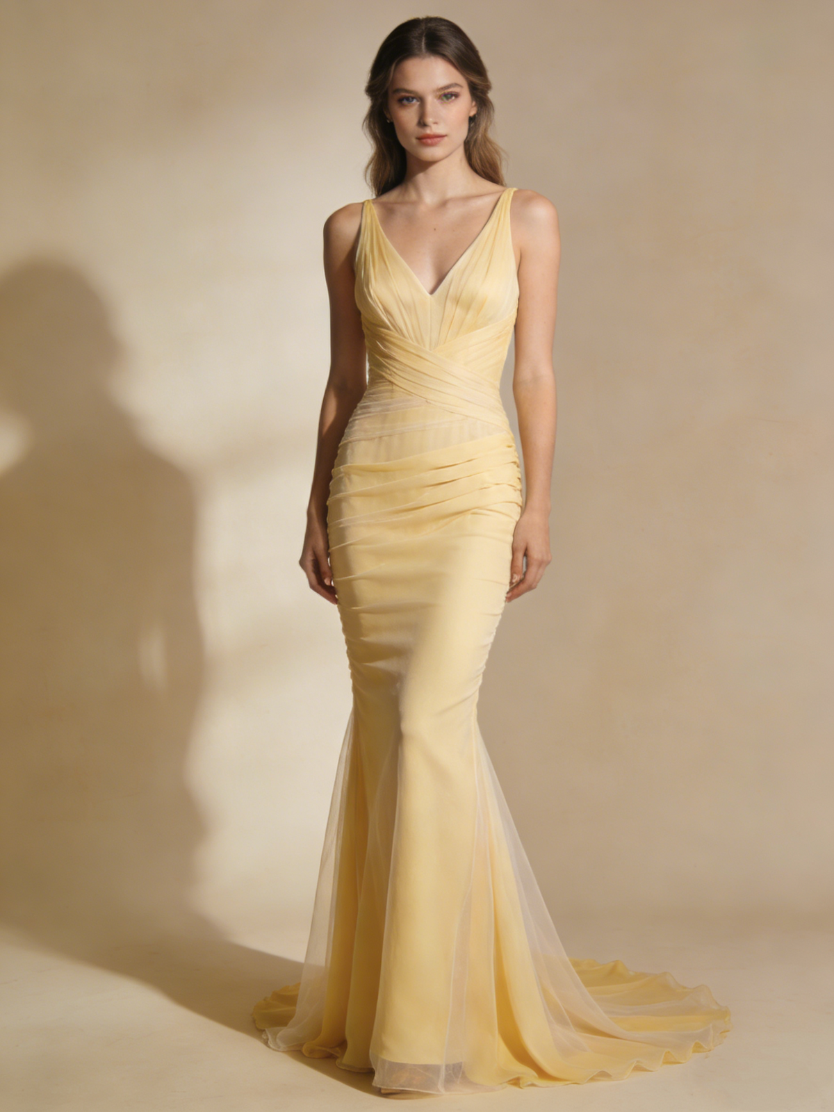 Light Yellow Prom Dress V-neck Tulle Mermaid Gala Dress Birthday Party Outfits Evening Gown  D4827