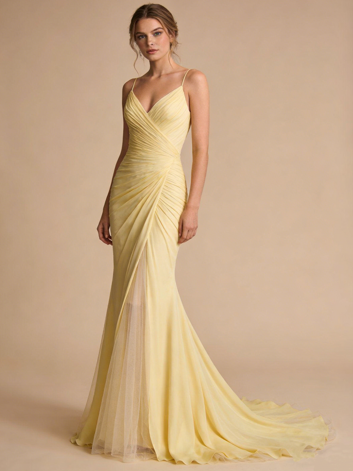 Light Yellow Prom Dress Spaghetti Straps Pleated Tulle Mermaid Gala Dress Birthday Party Outfits Evening Gown  D4828