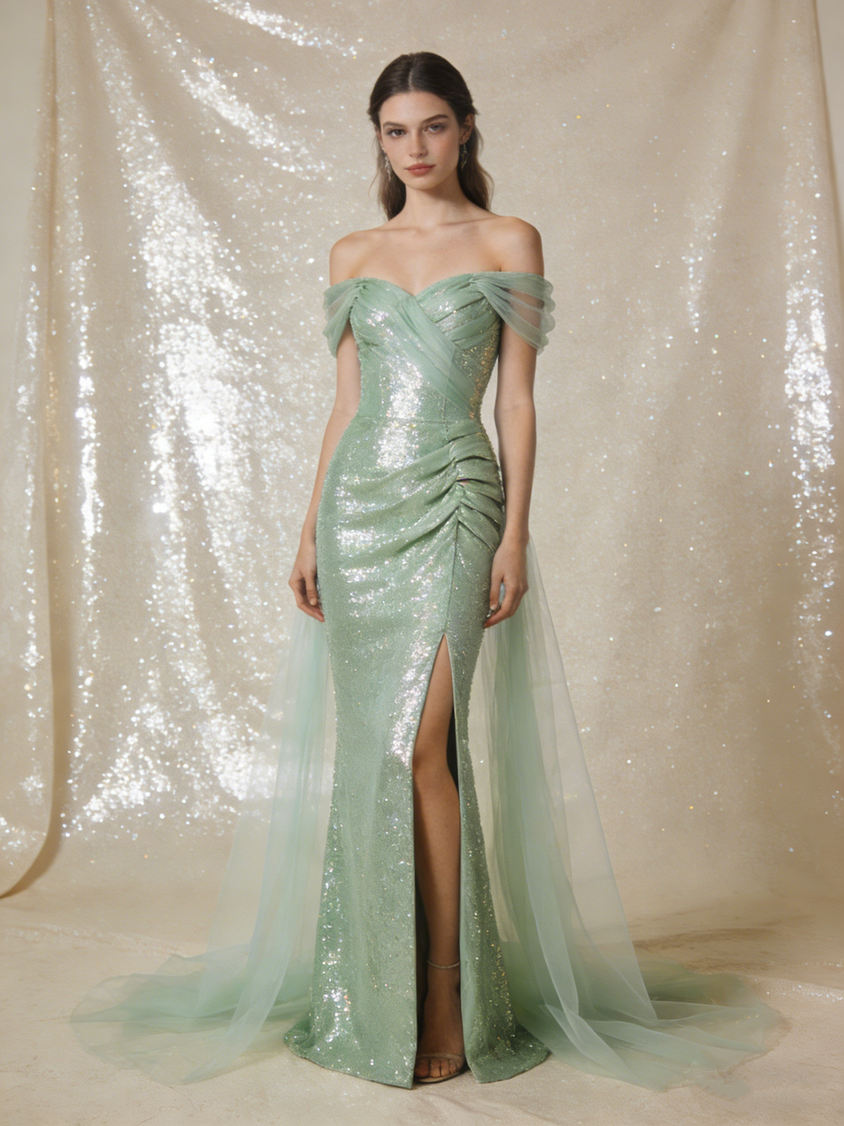 Light Green Prom Dress Off Shoulder Pleated Tulle Mermaid Birthday Party Outfits Gala Dress Evening Gown  D4830