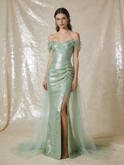 Light Green Prom Dress Off Shoulder Pleated Tulle Mermaid Birthday Party Outfits Gala Dress Evening Gown  D4830