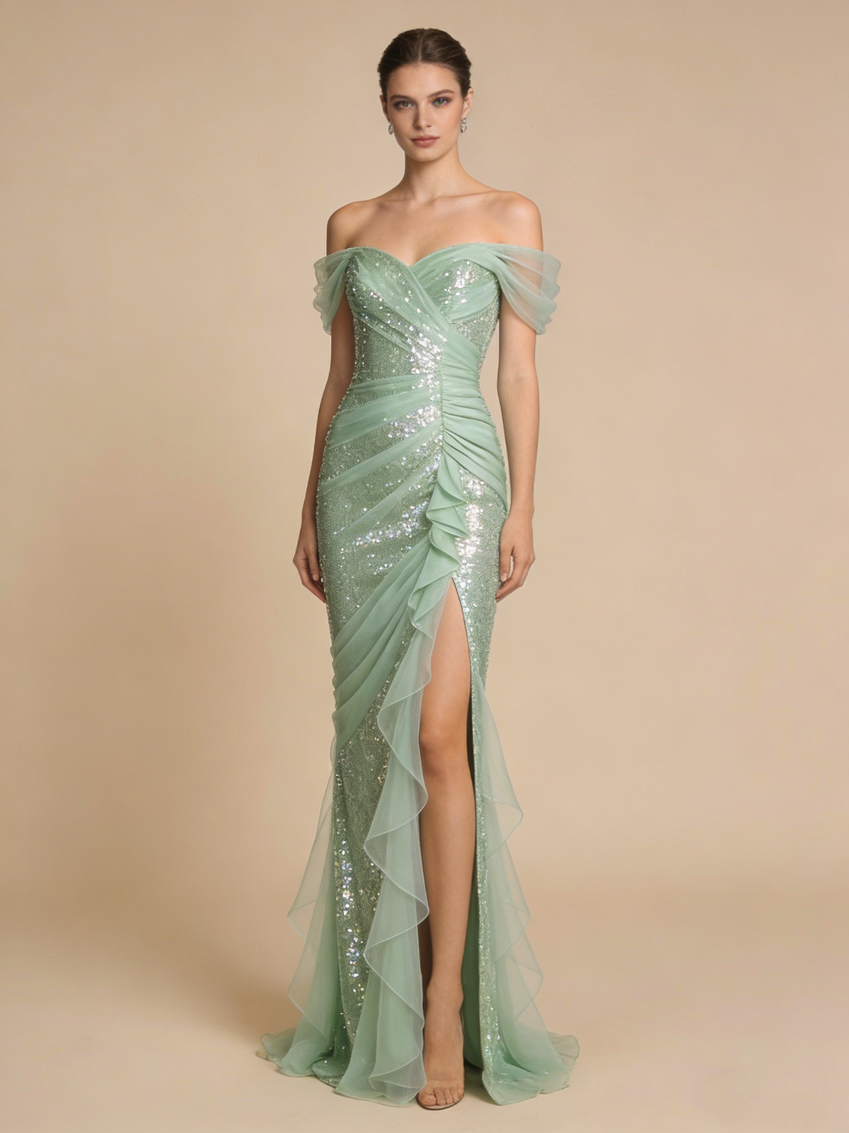 New Arrival Prom Dress Light Green Off Shoulder Pleated Tulle Birthday Party Outfits Gala Dress Evening Gown  D4832