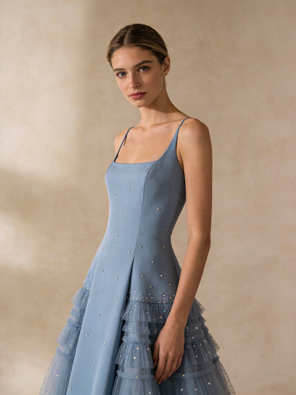 A Line Prom Dress Light Blue Square Neck Pleated Tulle Evening Gown Birthday Party Outfits Gala Dress   D4843