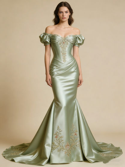 Elegant Prom Dress Light Green Off Shoulder Mermaid Evening Gown Birthday Party Outfits Gala Dress   D4846