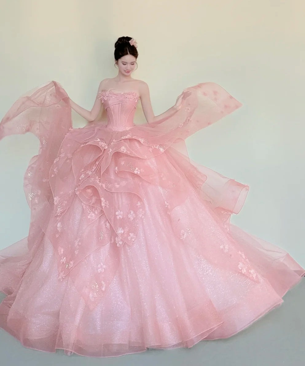 Fashion Ball Gown Light Pink Strapless Pleated Prom Dresses Sweet 16 Dress Evening Gala Gown      D4848