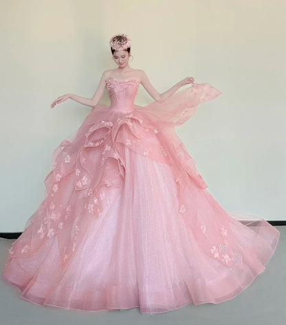Fashion Ball Gown Light Pink Strapless Pleated Prom Dresses Sweet 16 Dress Evening Gala Gown      D4848