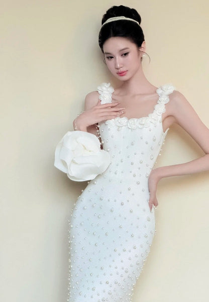 Elegant Prom Dress White Square Neck Sheath Beading Gala Dress Evening Gown Birthday Party Outfits    D4849