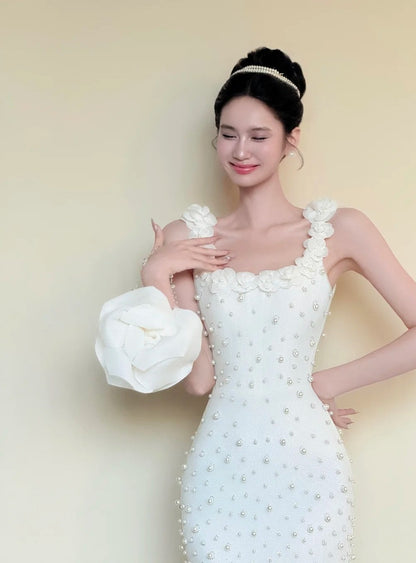 Elegant Prom Dress White Square Neck Sheath Beading Gala Dress Evening Gown Birthday Party Outfits    D4849