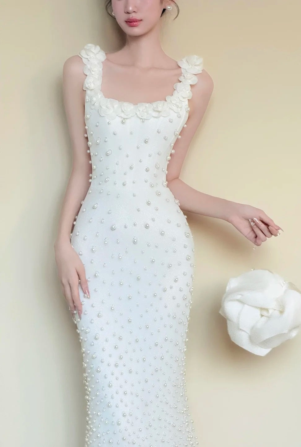 Elegant Prom Dress White Square Neck Sheath Beading Gala Dress Evening Gown Birthday Party Outfits    D4849
