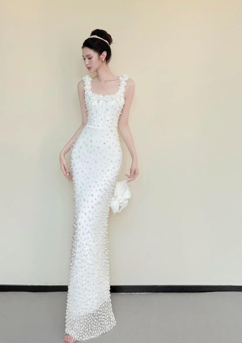Elegant Prom Dress White Square Neck Sheath Beading Gala Dress Evening Gown Birthday Party Outfits    D4849