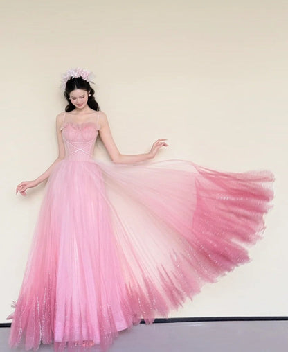 Stunning Prom Dress Pink Spaghetti Straps Pleated Tulle Gala Dress Evening Gown Birthday Party Outfits    D4852