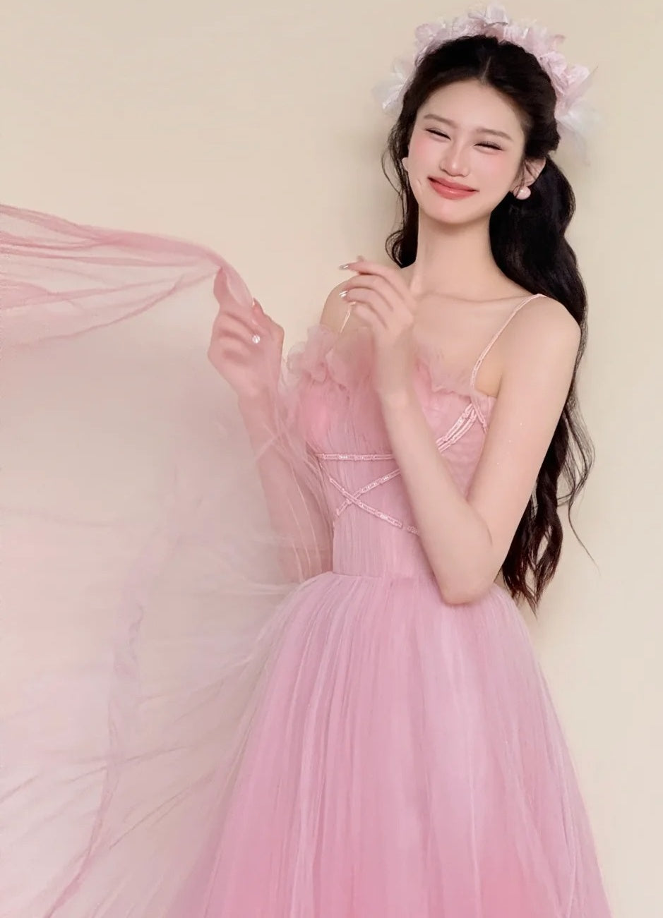 Stunning Prom Dress Pink Spaghetti Straps Pleated Tulle Gala Dress Evening Gown Birthday Party Outfits    D4852