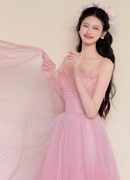 Stunning Prom Dress Pink Spaghetti Straps Pleated Tulle Gala Dress Evening Gown Birthday Party Outfits    D4852