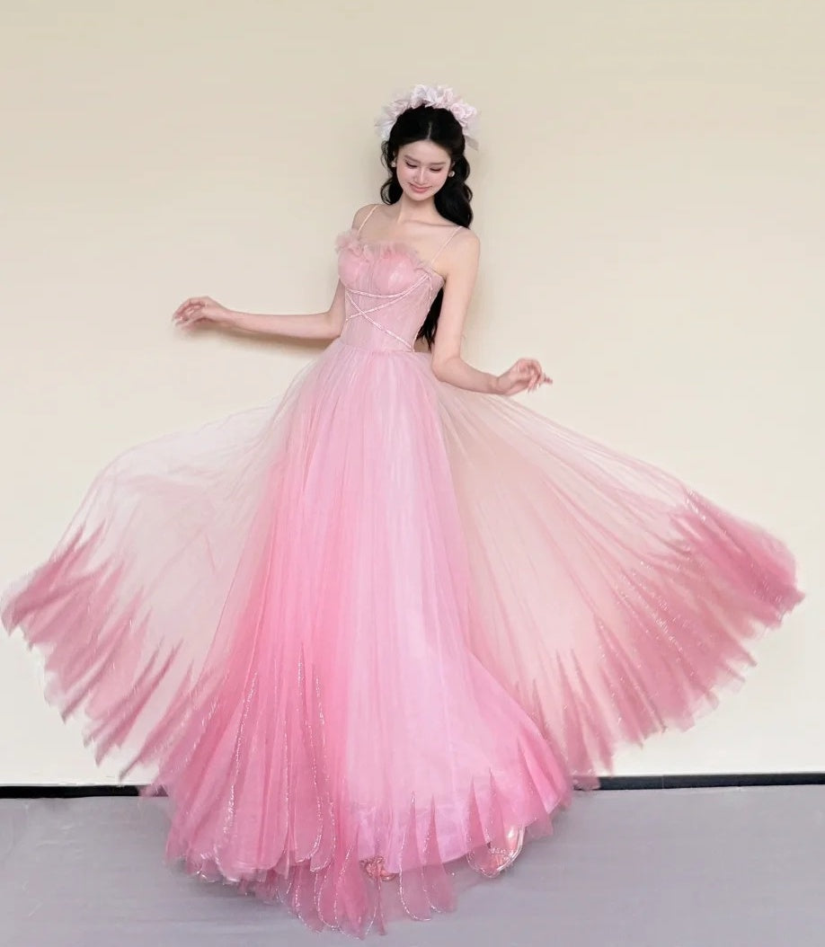 Stunning Prom Dress Pink Spaghetti Straps Pleated Tulle Gala Dress Evening Gown Birthday Party Outfits    D4852