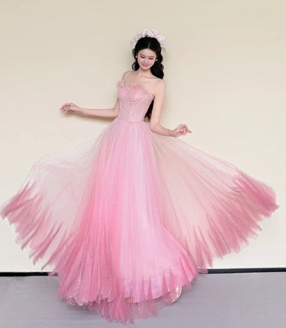 Stunning Prom Dress Pink Spaghetti Straps Pleated Tulle Gala Dress Evening Gown Birthday Party Outfits    D4852