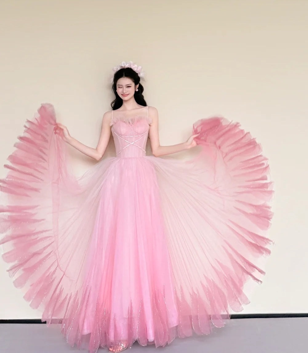 Stunning Prom Dress Pink Spaghetti Straps Pleated Tulle Gala Dress Evening Gown Birthday Party Outfits    D4852