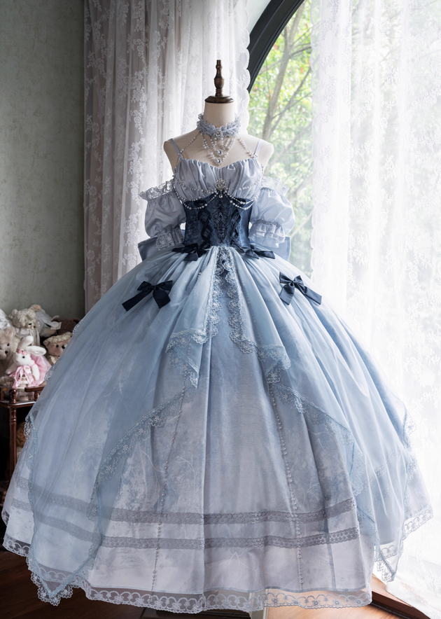Stunning Blue Bow A Line Lace Tulle Lolita Goth Boning Dress Prom Dress SH4911