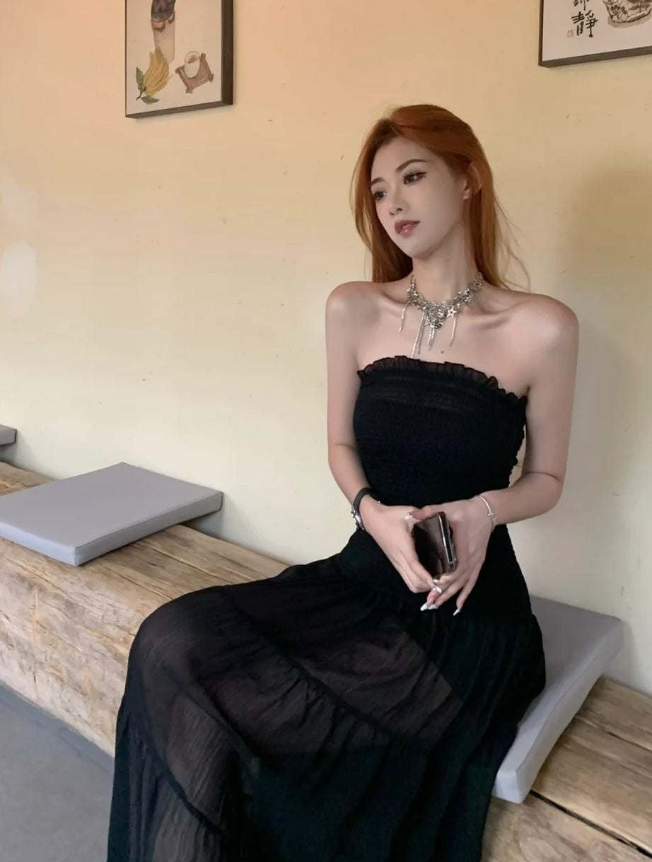 Elegant Prom Dress Black Strapless Gala Evening Gown Dress Birthday Party Outfits    D4882