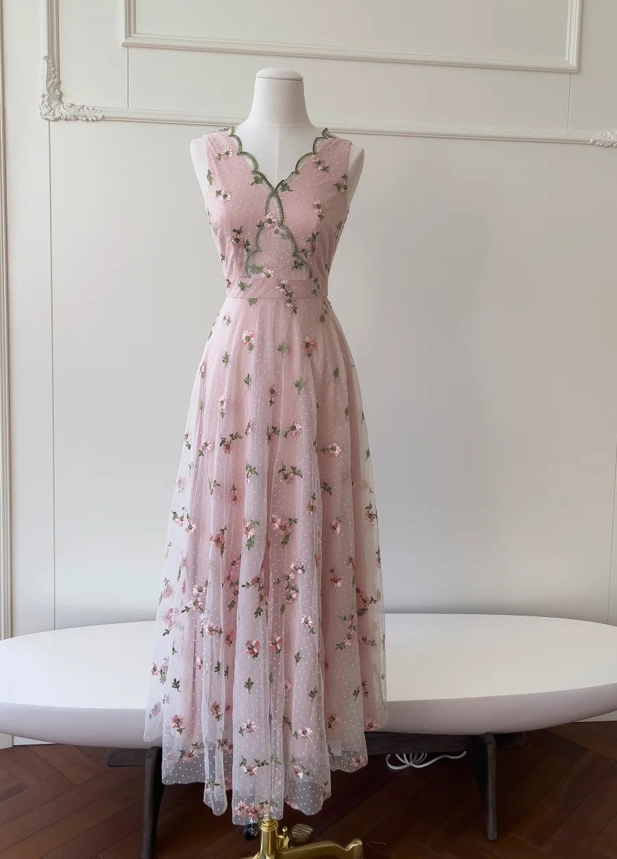 Fashion Prom Dress V-neck Pink Floral Gala Evening Gown Dress Birthday Party Outfits    D4890