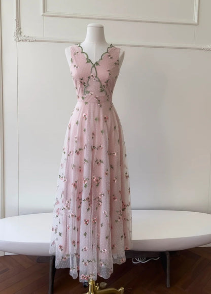 Fashion Prom Dress V-neck Pink Floral Gala Evening Gown Dress Birthday Party Outfits    D4890
