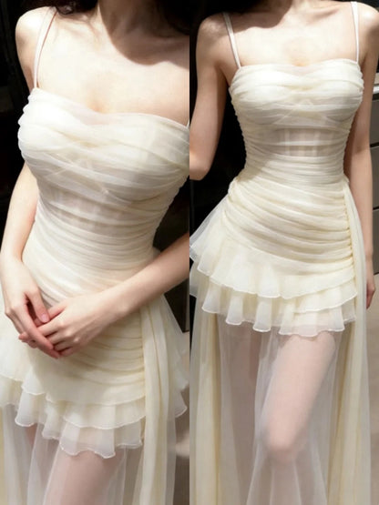 Stunning Prom Dress Spaghetti Straps Birthday Party Outfits Pleated Tulle Evening Gown Gala Dress     D4900