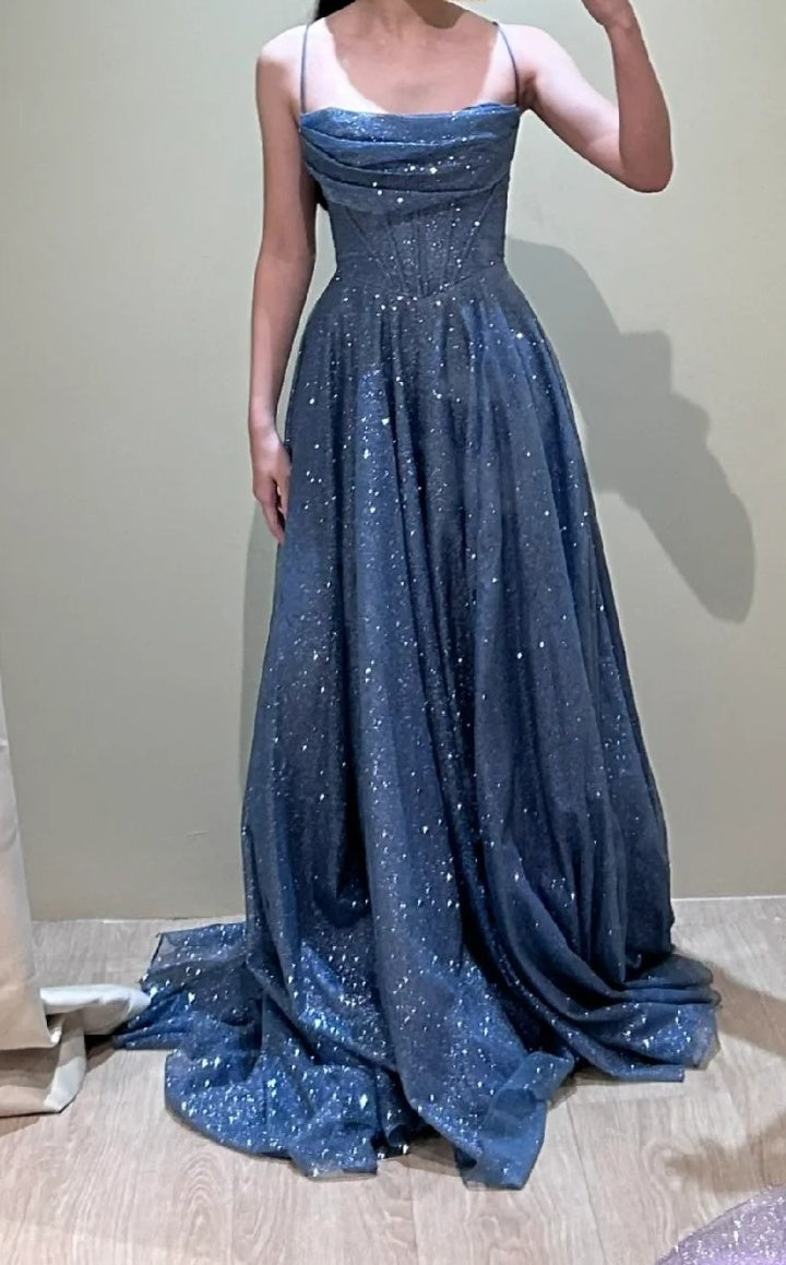 Fashion Prom Dress Navy Blue Spaghetti Straps Pleated Birthday Party Outfits Evening Gown Gala Dress     D4911