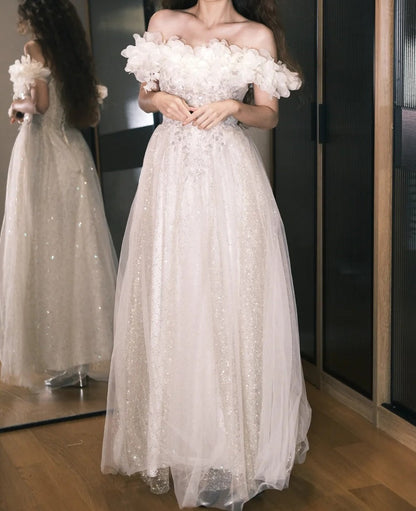 Elegant Prom Dress Off Shoulder Pleated Tulle Gala Gown Party Outfits Evening Dress   D4931