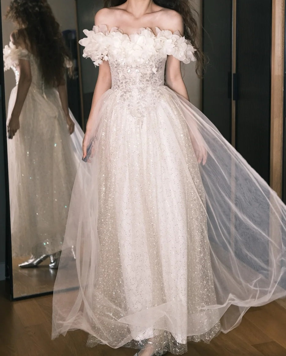 Elegant Prom Dress Off Shoulder Pleated Tulle Gala Gown Party Outfits Evening Dress   D4931