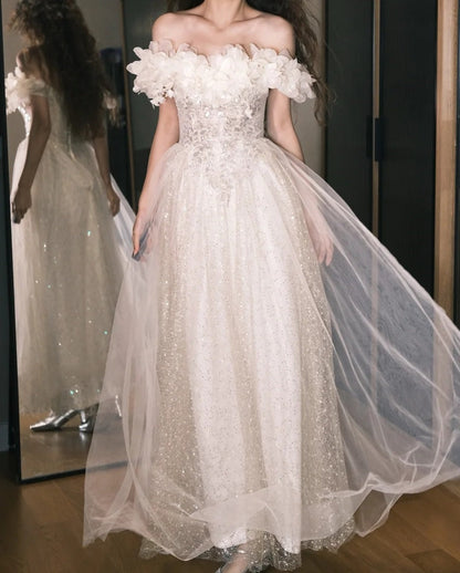 Elegant Prom Dress Off Shoulder Pleated Tulle Gala Gown Party Outfits Evening Dress   D4931