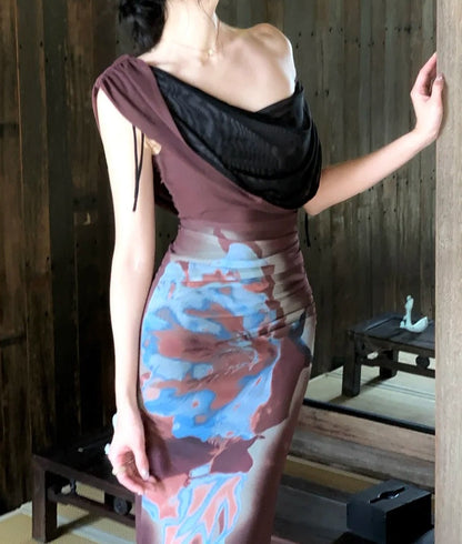 New Arrival Prom Dress One Shoulder Print Mermaid Gala Gown Party Outfits Evening Dress   D4935