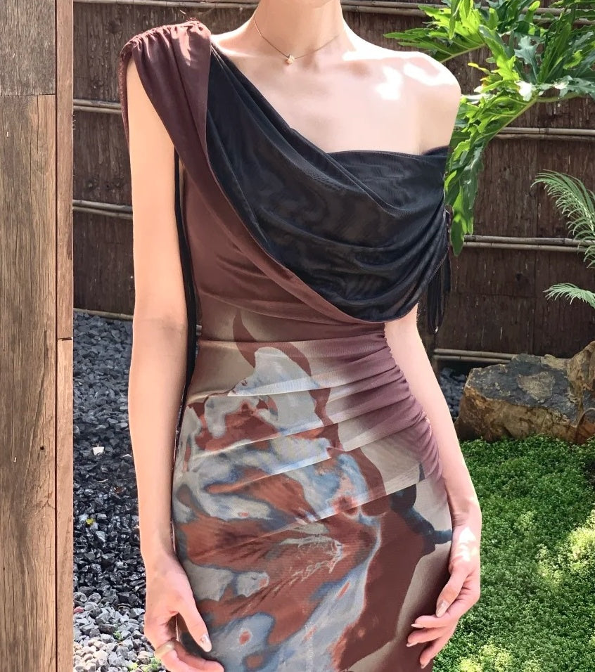 New Arrival Prom Dress One Shoulder Print Mermaid Gala Gown Party Outfits Evening Dress   D4935